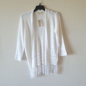 MICHAEL Michael Kors Crochet Fringe Open Front Knit White Sweater Cardigan Size